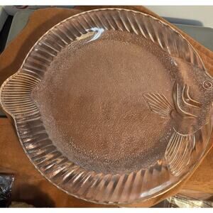 Set of 4 Vintage Clear Glass Fish Shaped Serving Plates Gold Rim 13 Inch